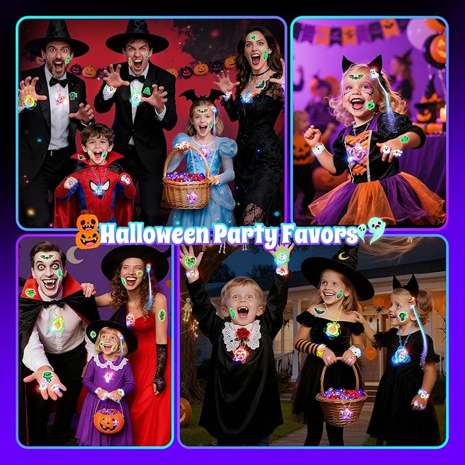 ShyLizard 100Pcs Halloween Party Favors for Kids-Halloween Glow in the Dark Party Supplies,Halloween Light Up Necklace Flash Rings,Non-Candy Trick or Treat Goodie Bag Fillers,Classroom Favors Gifts