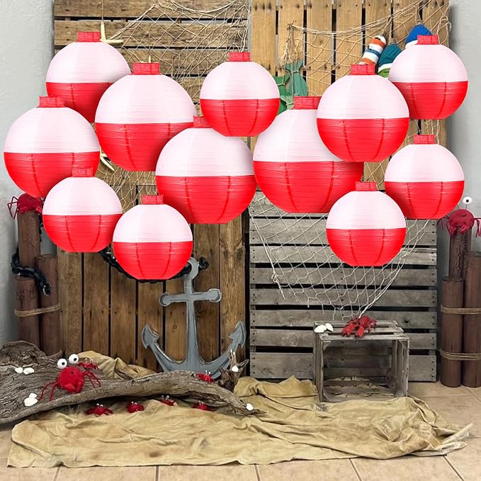 Fishing Bobber Paper Lanterns Round Decoration Lantern 12 PCS Red and White Hanging Paper Lanterns for Fishermen Theme Party Decoration Supplies Birthday Decor