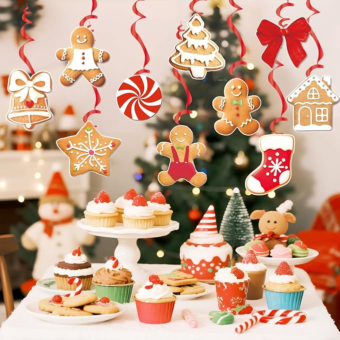 Merry Christmas Banners Gingerbread Theme, Pre-Strung Xmas Party Decorations, with 20 Pcs Gingerbread Men Hanging Swirls for Office Celebrations, School Events, Home Holiday Indoor Decor