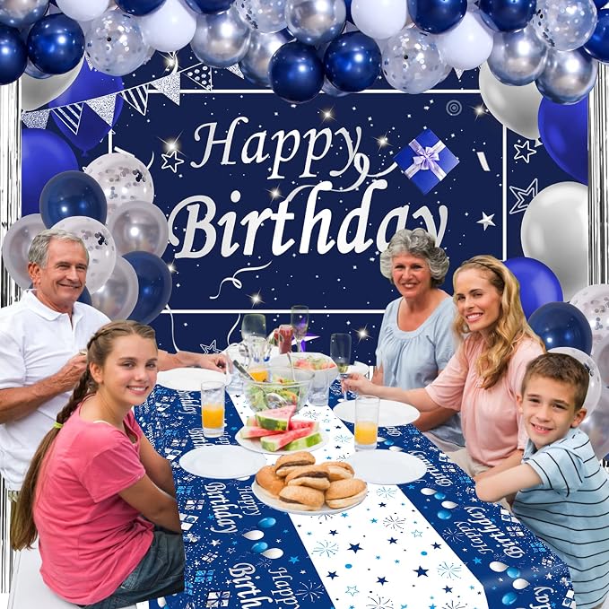 Blue and Silver Birthday Decorations for Men Women, Blue Party Decorations for Men Boys Girls Happy Birthday Backdrop Tablecloth Balloons Arch Kit White Silver Confetti Balloons Foil Fringe Curtains
