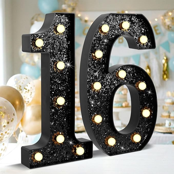 12.6 Inch LED Black Marquee Light Up Numbers, 16th Birthday Decorations Number Lights as Gifts for Girls Boys, Glitter Lighted Marquee Numbers for Black Anniversary Party Table Decor, 16