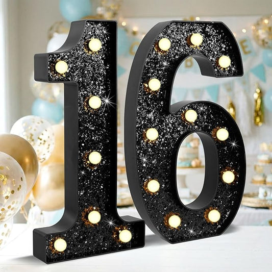 12.6 Inch LED Black Marquee Light Up Numbers, 16th Birthday Decorations Number Lights as Gifts for Girls Boys, Glitter Lighted Marquee Numbers for Black Anniversary Party Table Decor, 16