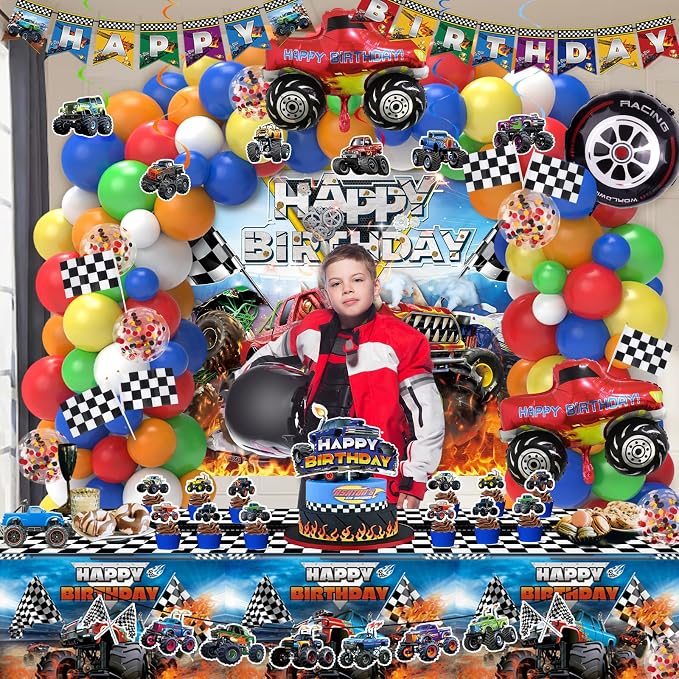Monster Truck Birthday Decorations, Machines Jam Party Decoration Supplies include Truck Balloons Arch, Tablecloth, Backdrop, Cake Cupcake Toppers, Hanging Swirls, Flags, Truck Birthday Decor for Boys
