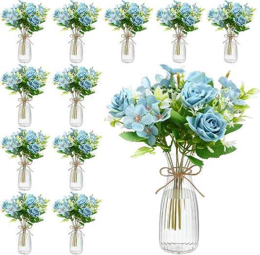 Thiccywoov 36 Pack Artificial Mini Rose Flowers with Vase Bulk, 24 Bundles Silk Rose Flower Artificial Bouquet 12 Plastic Vase with Rope Table Centerpiece Arrangement Wedding Party Deco (Blue)