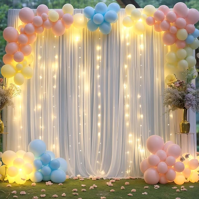 20ft x 10ft White Chiffon Backdrop Curtain with Lights String for Parties,4 Panels Sheer Tulle Curtain Wedding Backdrop for Baby Shower Birthday Party Ceremony Reception Home Decorations