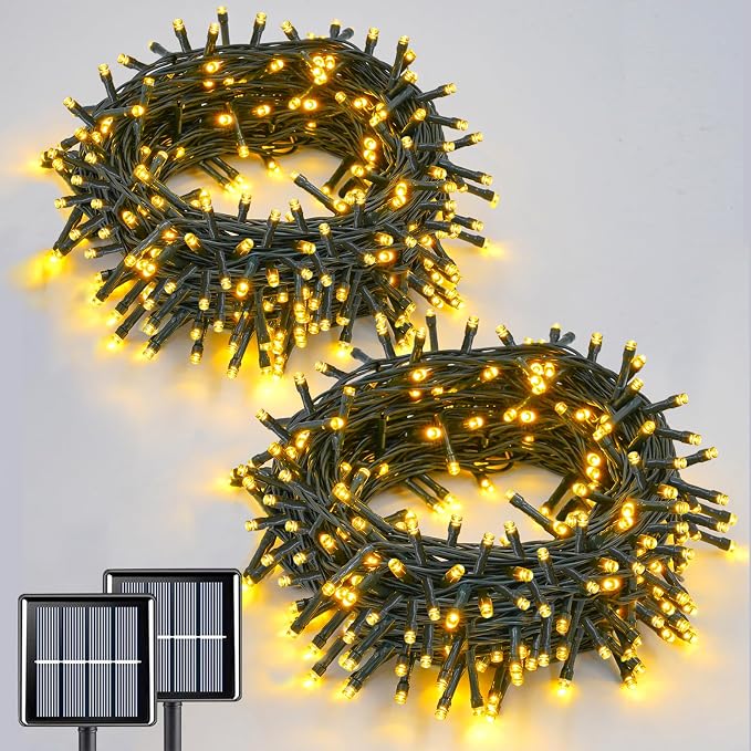 QITONG 2 Pack Warm White Solar String Lights Outdoor Waterproof, Each 33ft 100 LED Solar Christmas Lights, 8 Modes Green Wire Solar Twinkle Tree Lights for Outside