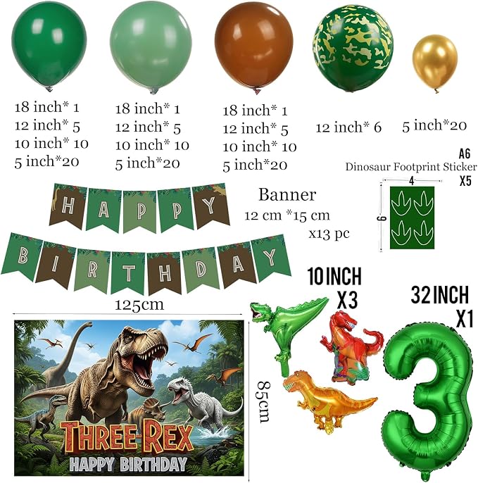 Dinosaur 3rd Birthday Party Supplies for Boys, Three Rex Decorations Kit: Hunter Green Gold Balloon Garland Arch, T-Rex Backdrop, Foil Balloons & Footprint Stickers - Jungle Safari Theme