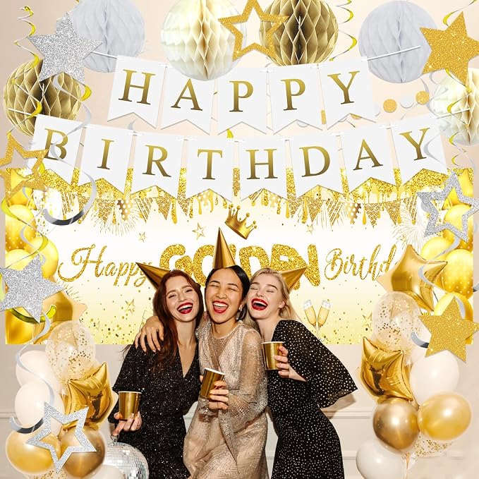 Golden Birthday Party Decorations, Happy Birthday Banner, Backdrop, Balloons, Honeycomb Balls, Star Foil Balloons, Stars Hanging Swirls & Cake Topper for Baby Boys Girl Men Women Birthday Decoration