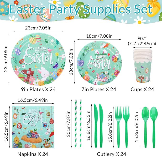192 Pcs Easter Plates and Napkins Set Party Decorations Birthday Decorations Paper Plates Napkins Cups Forks Tablecloth Banner Bow Tableware Serve 24