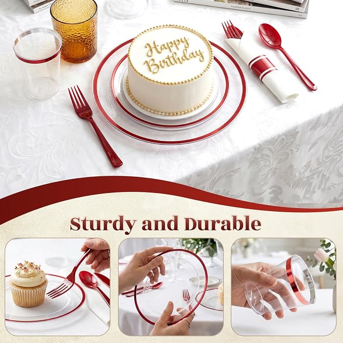 350pcs Plastic Plates for Party Clear & Red | Disposable Plastic Dinnerware Set for 50 Guests Include 100 Plastic Plates,50 Cups & 50 Pre Rolled Napkins with Cutlery Set