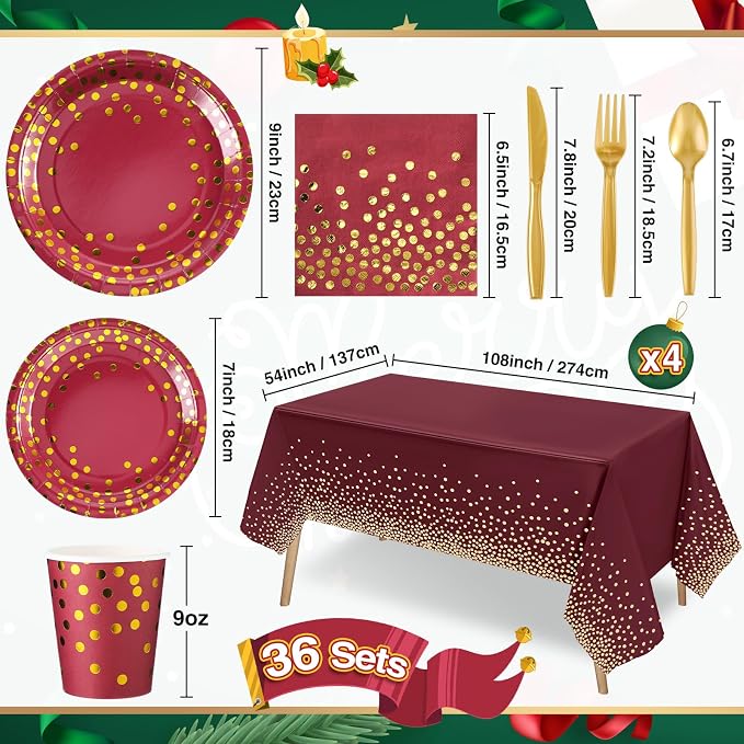 Tegeme 256 Pcs Maroon and Gold Dot Party Supplies Serve 36 Guest Burgundy Red Paper Plates Napkin Tablecloth Disposable Dinnerware Plastic Fork Knives Cup for Birthday Baby Shower Wedding Decoration