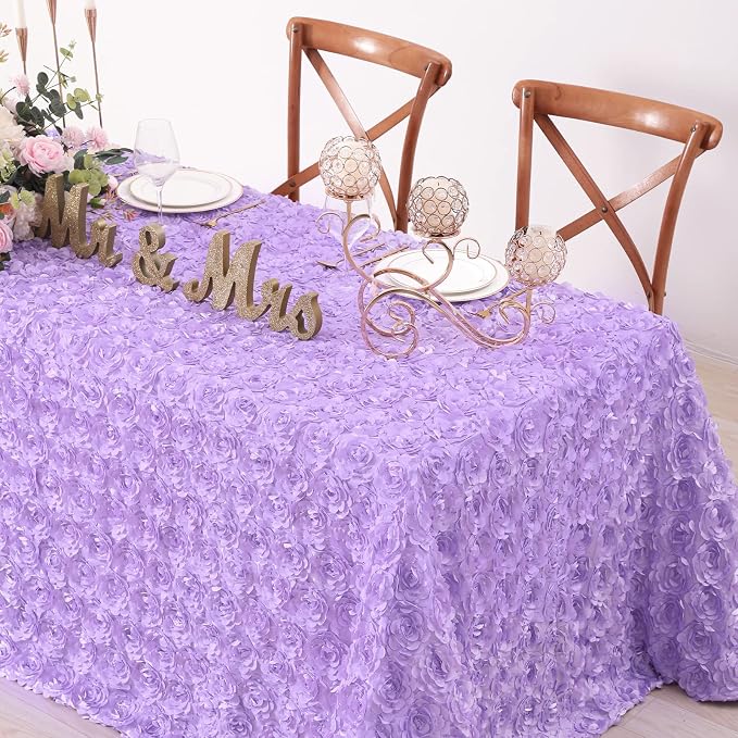 Fanqisi Lavender Tablecloth 50x80 Inches Rosette Satin Tablecloth 3D Rosette Rectangle Table Cover Wedding Banquet Party Baby Shower Decor Table Cloth