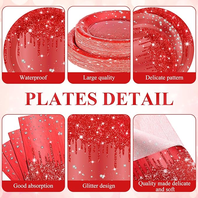 452 Pcs Red Birthday Party Decoration for 50 Guest, Red Diamond Glitter Paper Plates Napkins Cups Tablecloth Cutlery Straws Tableware for Birthday Wedding Baby Shower Graduation Party Supply
