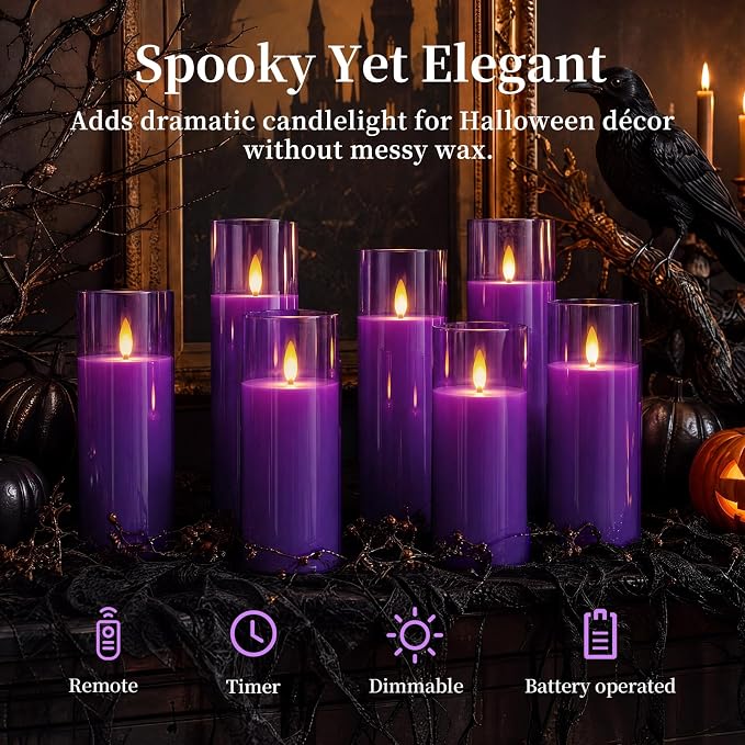 Homemory Purple Battery Operated Flameless Candles with Remote and Timer, Flickering LED Pillar Candles, Acrylic Decorative Candles for Home Decor, Weddings, Parties and Holidays, 9 Pack