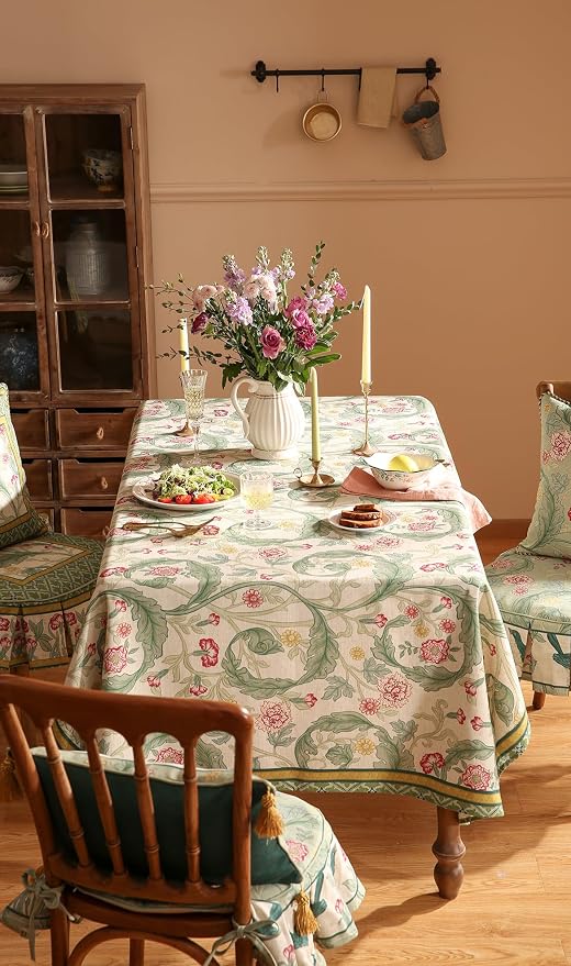 patdrea Vintage French Linen Tablecloth,Rectangular,94"x63"-Cecilia A | Colorful Elegant Large Table Cloth for Rectangle Table,Floral Vine Patterned,for Dining Room Tea Party Thanksgiving