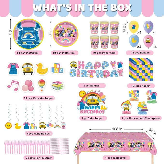 197pcs English Teacher Party Supplies, Cartoon Teacher Themed birthday party decorations with Tableware, Cake Decorations & Hanging Accessories, Serves 24 Guests
