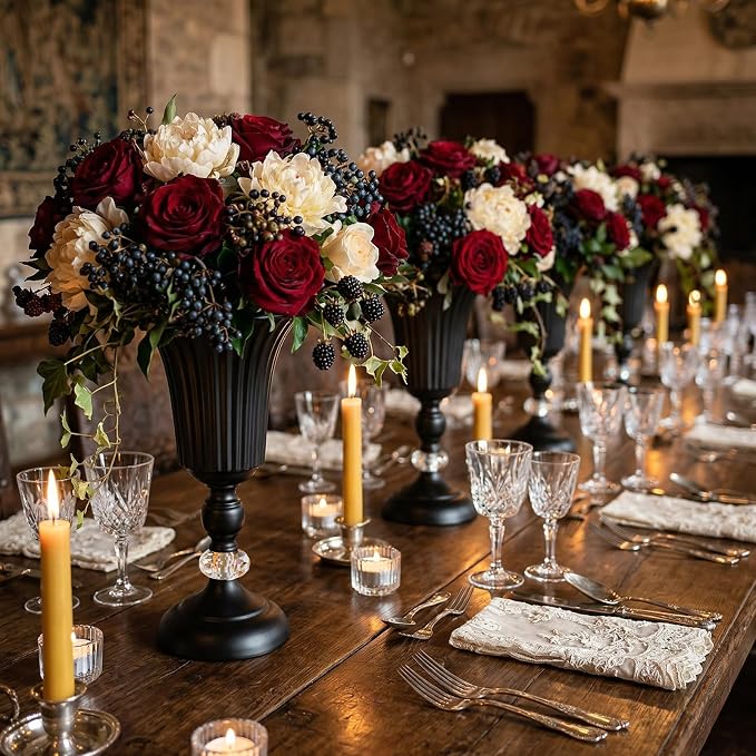 11.6 inches Metal Wedding Flower Trumpet Stripe Vases Table Centerpieces for Artificial Flower Arrangements for Anniversary Celebration/Wedding/Party/Birthday Event Aisle Home Decor (Black, 2pcs)