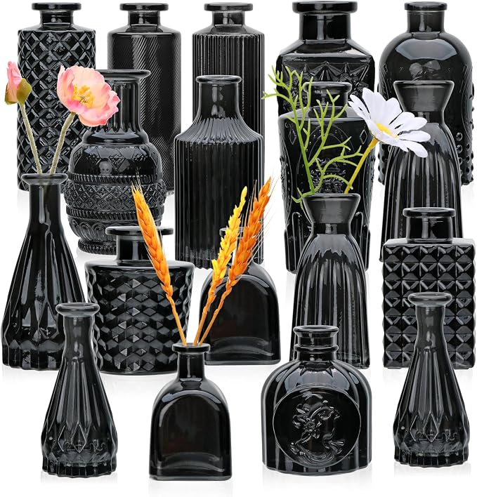Glass Bud Vase Set of 18,Glass Vintage Vases for Flowers,Black Bud Vases in Bulk for Rustic Wedding Decor,Table Centerpieces,Decor Centerpiece for Bathroom