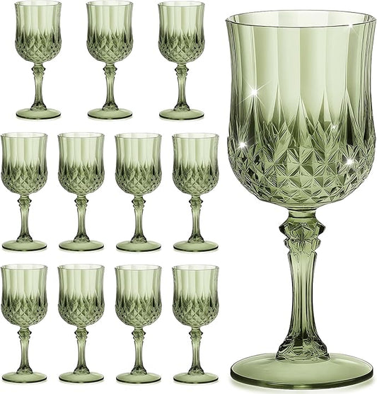 7OZ Plastic Wine Glasses, Reusable Vintage Goblets Unbreakable Drinking Glasses Crystal Water Cups Champagne for Wedding, Parties (12, Light Green)