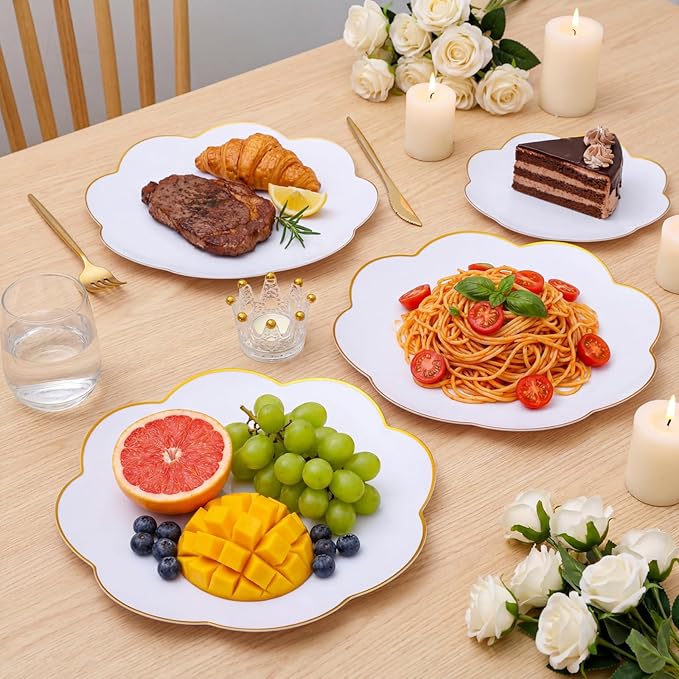 supernal 60pcs White Scalloped Plastic Plates with Gold Trim,Heavy Duty Elegant Disposable Plates Includes: 30 Gold Dinner Plate and Dessert Plate Perfect for Wedding, Bridal Shower Mother's Day