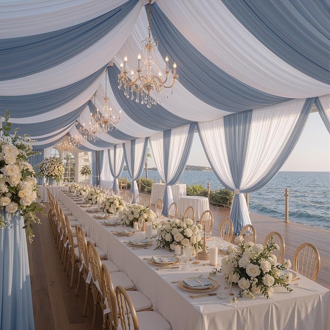 10 Panels 5x20ft Dusty Blue Ceiling Drapes for Wedding Parties, Wrinkle Free Thick Polyester 20ft Extra Long Wedding Draping Ceiling Curtains Arch Drapery for Birthday Party Canopy Tent Decor
