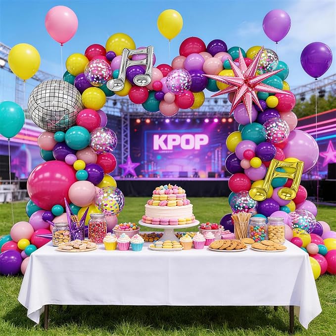 KPOP Music Theme Balloon Garland Arch Kit, 119Pcs Rainbow Colorful Balloon & Retro Disco Ball Musical Note Explosion Star Foil Balloons for K-Pop Party 90s 80s Disco Hip Hop Birthday Decor Supplies