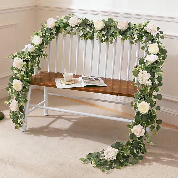 Livole 2Pcs 6 FT Artificial Flower Garland Fake White Rose Peony Floral Garland with Eucalyptus Flower Hanging Vine for Wedding Arch Table Centerpieces Backdrop Party Home Decorations