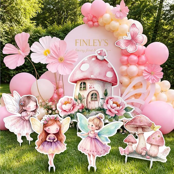 6 Pcs Fairy Wonderland Birthday Party Decoration Mushroom House Baby Shower Decoration Fairy First Birthday Cardboard Cutout Photo Props for Girls Women Party Supplies