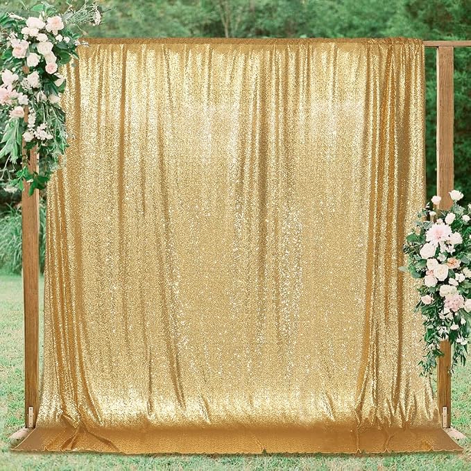 PartyDelight Light Gold Sequin Backdrop 8x8ft 4 Inch Rod Pocket | Dense 3mm light gold sequins on mesh backing with 4 inch rod pocket for group photos wedding walls stages and banquet focal