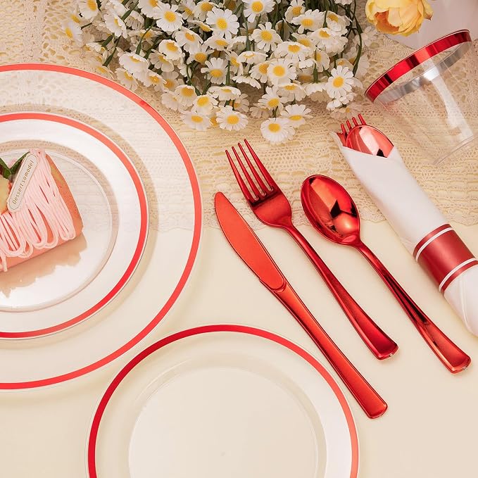 BESTSTAR 350PCS 4th of July Clear and Red Disposable Plates Set for 50 Guests, 100 Plastic Plates, 50 Plastic Cups, 50 Pre-Rolled Napkins with Cutlery for 4th of July, Christmas, Birthday