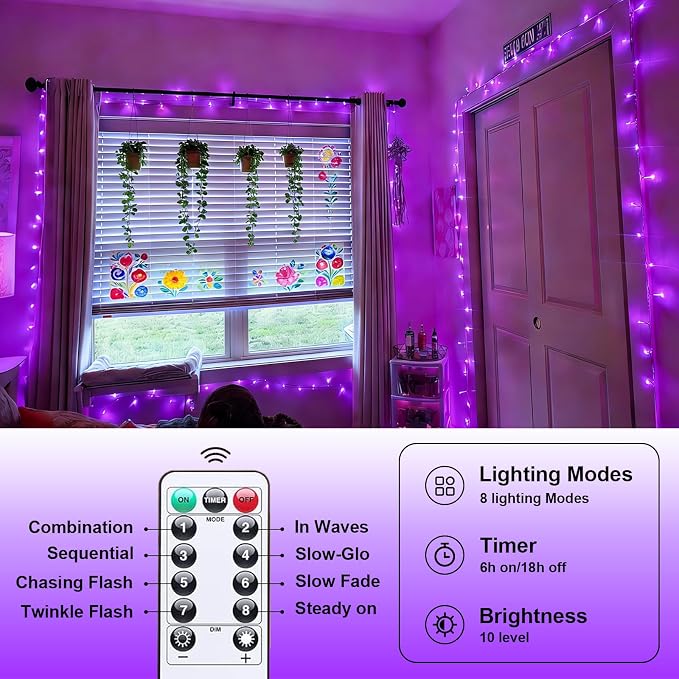 YEGUO Battery Operated String Lights, 2 Pack Each 33ft 100 LED Twinkle Fairy Lights Outdoor Waterproof, 8 Modes Clear Wire Purple Christmas Lights Indoor with Remote