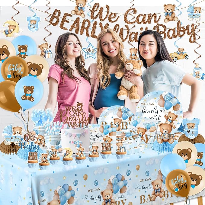 Blue Bear Baby Shower Decorations,219Pcs Baby Shower Tableware Set Banner, Plates and Napkins, Tablecloth, Cake Toppers, Honeycomb Balls for Boy Neutral Bear Themed Party Decorations Severs 24