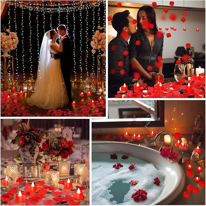 Coume 6000 Pcs Artificial Rose Petals with 120 Pcs Heart LED Tea Lights Candles Kit Rose Petals Candles Set for Romantic Night Anniversary Proposal Wedding Date Hotel(Red Light)