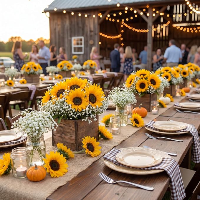 Suncalla 162 Pcs/6 Set Sunflower Centerpieces for Tables with Wood Box Farmhouse Babysbreath Centerpiece Vase Decor for Engagement Party Bridal Shower Centerpieces Wedding Reception Picnic Table Decor