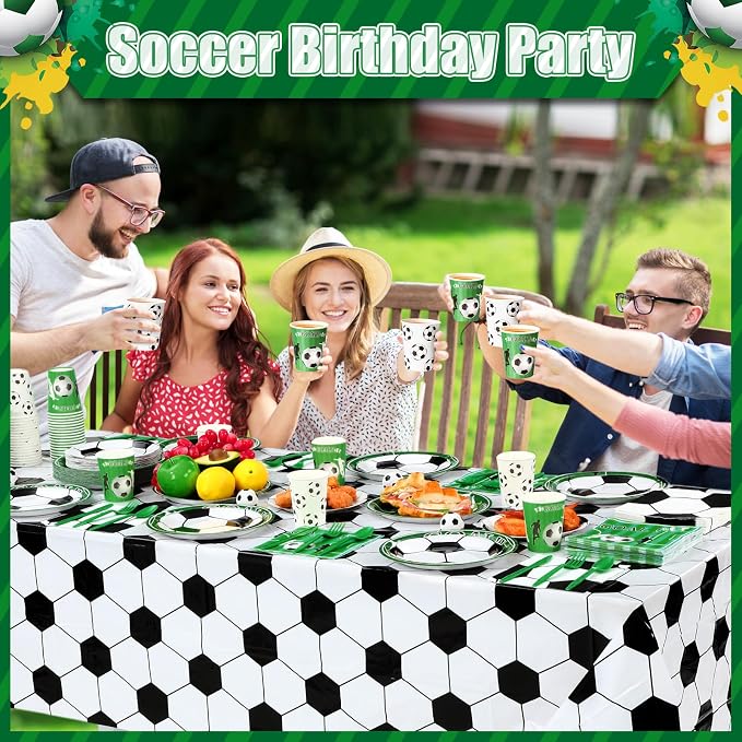 Potchen 452 Pcs Party Supplies Serve 50 Guests, Paper Plates Napkins Cups Cutlery Plastic Tablecloth Dinnerware for Birthday Wedding Party Decoration(Green, Soccer)