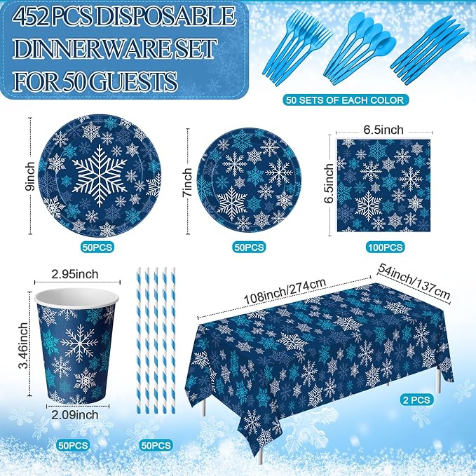 Funnymoom 452 Pcs Winter Dark Blue Snowflake Party Supplies for 50, Blue Silver White Snowflake Paper Plates Napkins Cups Tablecloth Cutlery Straws for Winter Birthday Wonderland Party Decoration