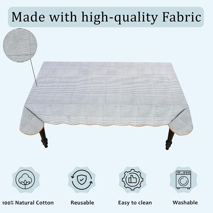 Ridhi Slate Blue Stripe Block Print 60x120 Rectangle Tablecloth Table Cover for Dining Tables, Handcrafted Farmhouse Kitchen Decor, Washable, Decorative Tablecloths for Spring, Easter, Valentine