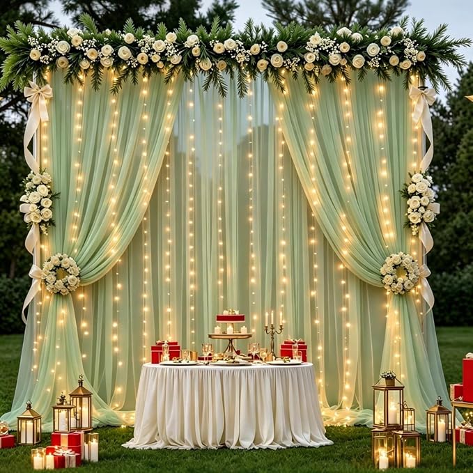 10ft x 10ft Sage Green Chiffon Backdrop Curtain with Lights String for Parties,2 Panels Sheer Tulle Curtain Wedding Backdrop for Baby Shower Birthday Party Ceremony Reception Home Decorations