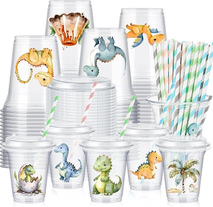 Qinyoung 60 Pcs Dinosaur Baby Shower Decorations Safari Animals Cups with Lids and Paper Straws 14 oz Dino Rebirth Party Cups for Dinosaur 4th Baby Shower Birthday Party Favor