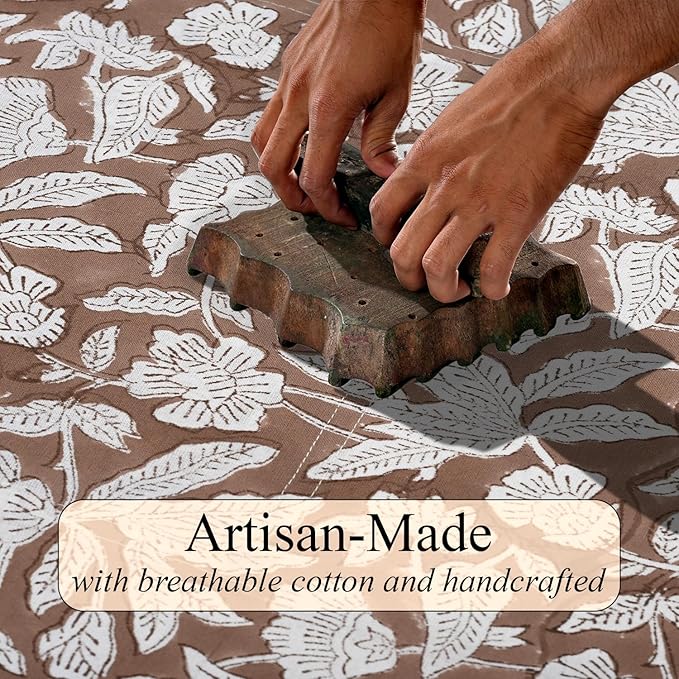 Ridhi Oak Brown Hand Block Print Cotton Rectangle Tablecloth 90" x 60" inches Reusable Table Cover Decorative Everyday Use for Dining Room, Farmhouse, Home Gift for Spring, Mother's Day