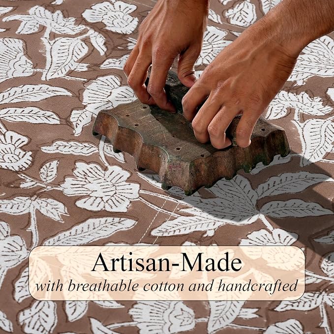 Ridhi Hand Block Print Oak Brown Rectangle Cotton Tablecloth 118" x 70" Reusable Table Cover Decorative Everyday Use for Dining, Farmhouse, Home Gift for Spring, Easter, Valentine
