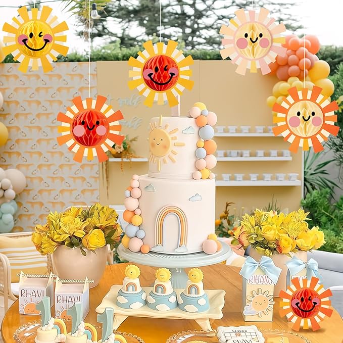 Paper Jazz First Trip Around The Sun Deorations,12pcs Sunshine Birthday Decorations,Boho Themed Party Decorations，Sun Birthday Party Hanging Pom Poms Honeycomb for Hippie Retro and Baby Shower.