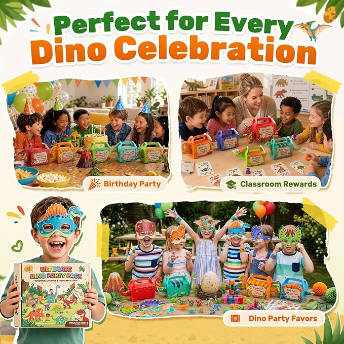 LovesTown 315PCS Dinosaur Party Favors for Kids Birthday, Dino Goodie Bag Fillers Stuffers, Birthday Party Supplies Gift Set for 12 Kids, Classroom Prizes Treasure Chest Toys