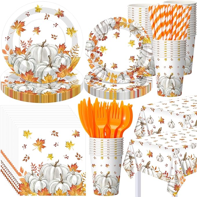 Funnymoom 452 Pcs Fall Thanksgiving Party Supplies Tableware Set for 50 Guests, Fall Pumpkin Maple Leaf Paper Plates and Napkins Cups Tablecloth Cutlery Straws for Autumn Harvest Party Decoration
