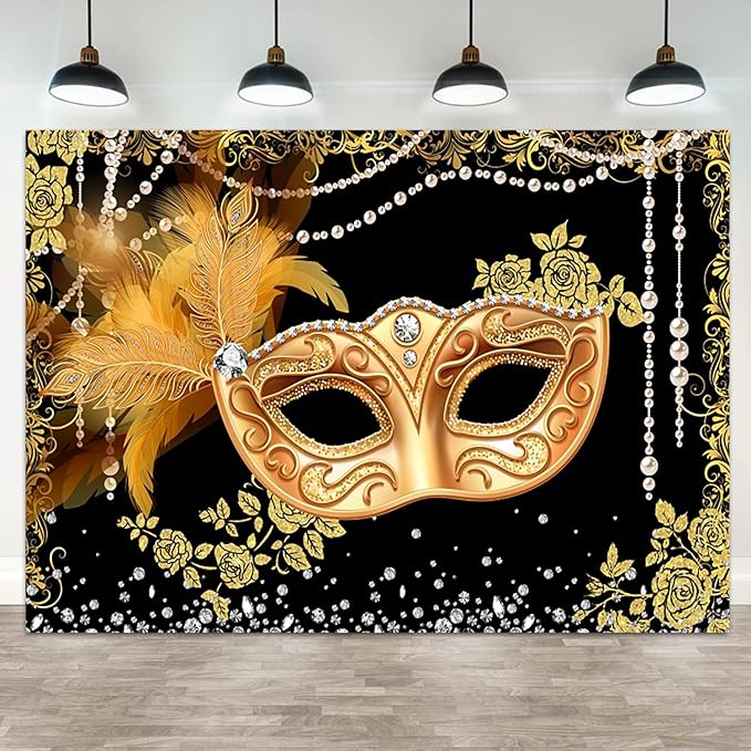 8x6ft Masquerade Backdrop Black Gold Masquerade Ball Decoration Mardi Gras Carnival Party Photography Background Birthday Banner Dress-up Prom Cake Smash Photo Booth Prop