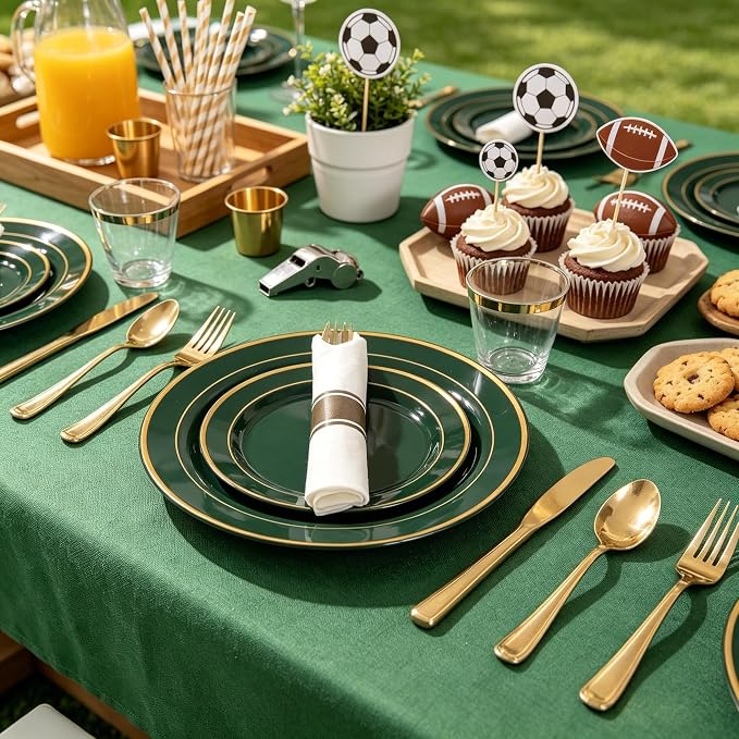 WDF Partyware 175PCS Green Plastic Plates - Green and Gold Disposable Plates 25Guests Plastic Plates with Rolled Napkins for Birthday/Party/Wedding/World Cup 2026