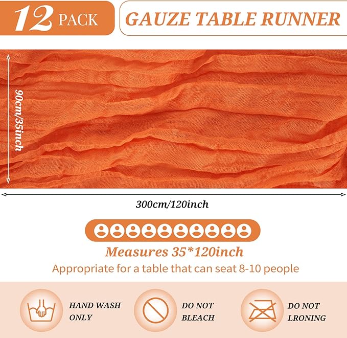 12 Pack Cheesecloth Table Runner 35 x 120 inch Long Boho Cheese Cloth Gauze Table Runners Semi Sheer Table Runner for Wedding Decor, Bridal Shower, Birthday Party (Orange)