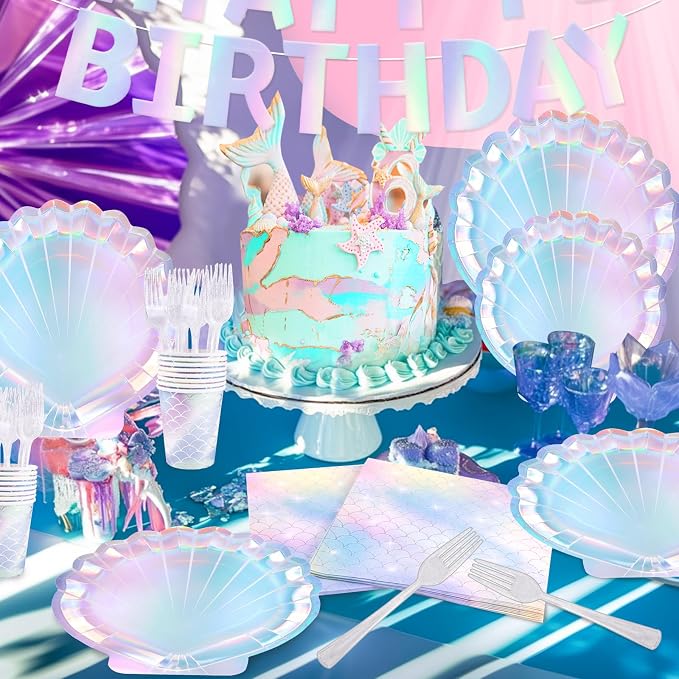 Mermaid Birthday Party Decorations 118Pcs Under The Sea Party Decorations Supplies with Plates Napkins Cups Forks Tablecloth Balloons Banner for Mermaid Theme Decorations Serves 24