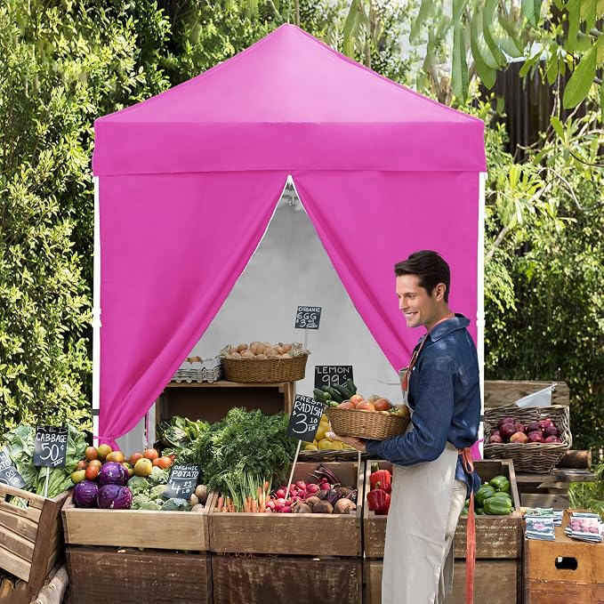 EAGLE PEAK 5x5 Instant Canopy with 4-Side Wall Panels, Small Pop up Portable Canopy Tent with Carry Bag, Light Weight Sun Shelter for Sports, Camping and Beach, Pink