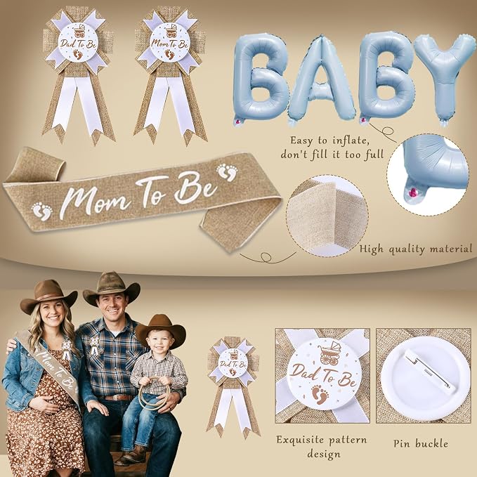 Cowboy Baby Shower Decorations for Boy, Blue Brown Balloons Arch Kit Balloon Boxes A Little Cowboy is on the Way Backdrop Banner Tablecloth Cake Topper Sash Corsage for Western Baby Shower Decor